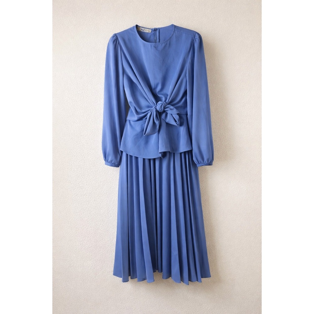 JUPE Blue‎ Knot Front Long Sleeve Pleated Midi Skirt Set Women's Size S